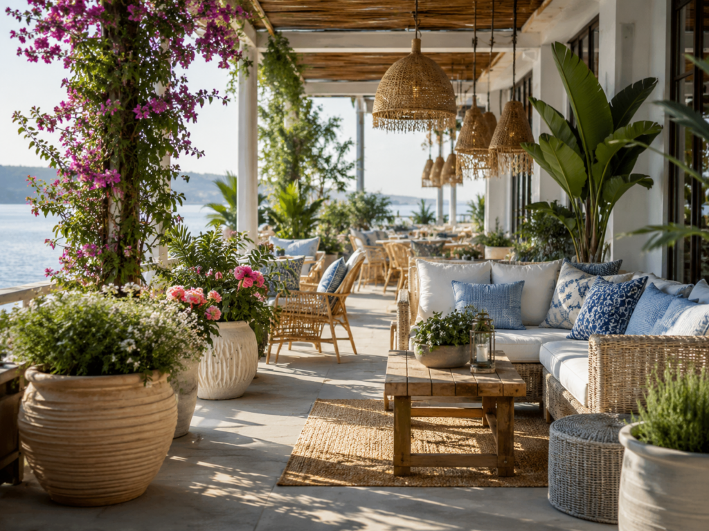 Летняя веранда с сезонным декором, зеленью и цветами.
