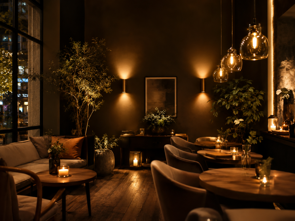 Тёплый атмосферный свет в интерьерном пространстве кафе или lounge-зоны.